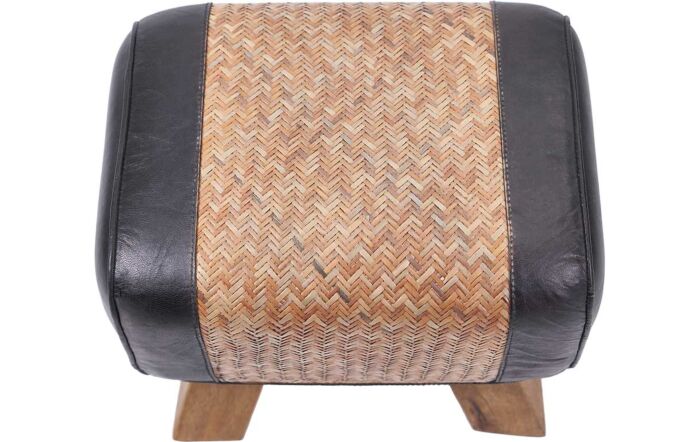 Pacific Lifestyle Pommello Black Leather, Woven Rattan and Wood Stool