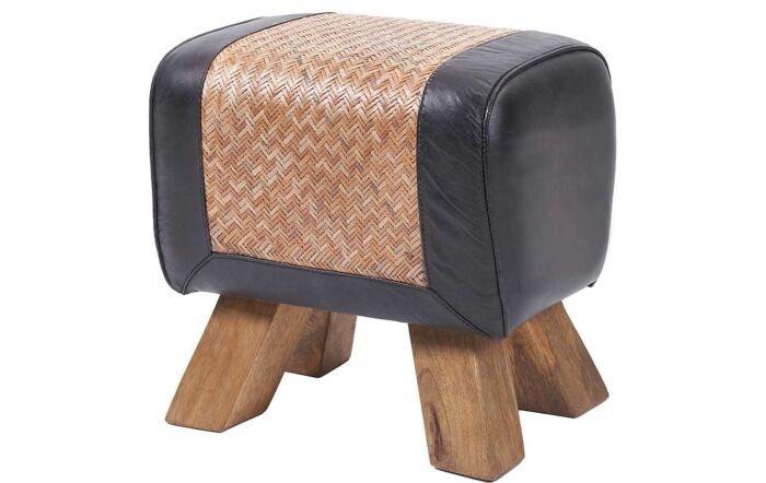 Pacific Lifestyle Pommello Black Leather, Woven Rattan and Wood Stool