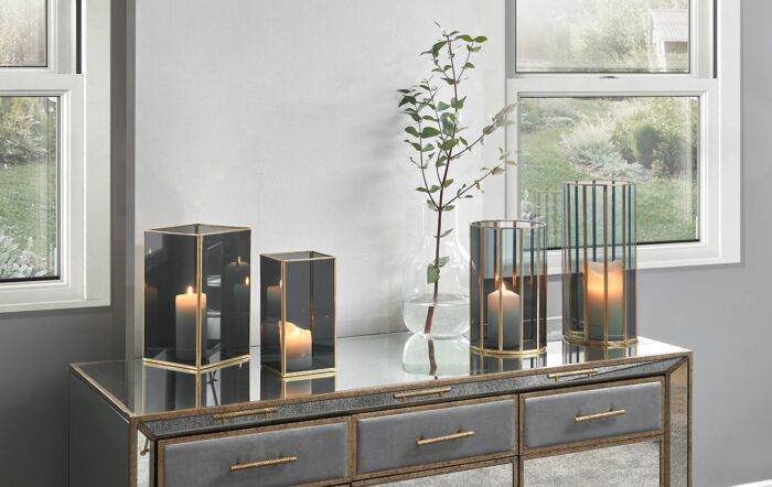 Pacific Lifestyle Smoked Glass And Brass Metal Small Round Hurricane