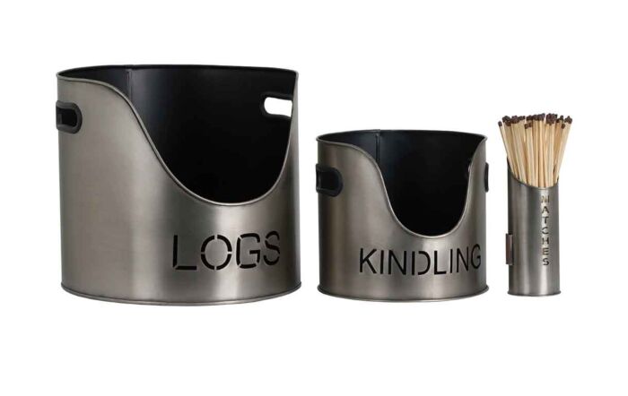 Hill Interiors Pewter Log, Kindling Buckets with Matchstick Holder