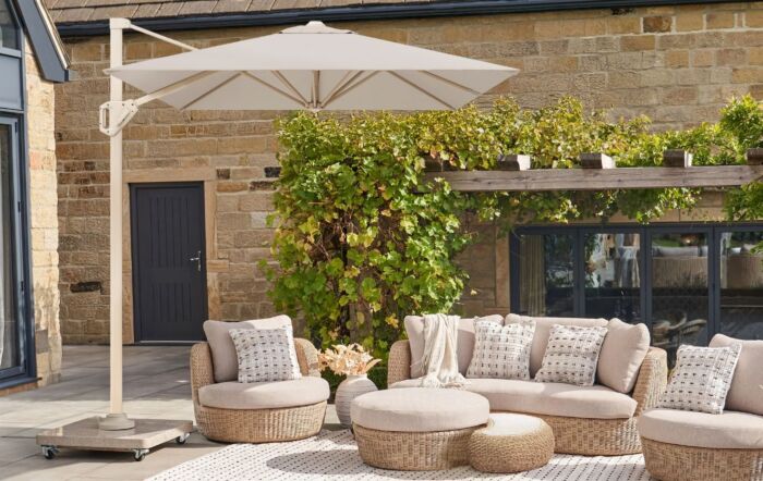 Pacific Lifestyle Voyager T1 3m x 2m Cantilever Parasol with 90kg Wheeled Granite Base - Champagne/Sand