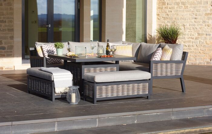 Bramblecrest Portofino Rattan Corner Firepit Set with Square Ceramic Table - Grey