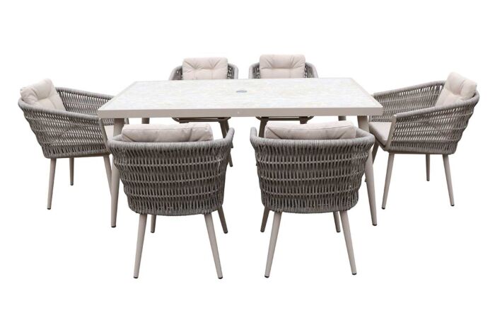 JB Furniture Exclusive Seychelles 6 Seat Rectangle Garden Dining Set with Parasol & Base - Latte