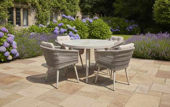 JB Furniture Exclusive Seychelles 4 Seat Round Garden Dining Set with Parasol & Base - Latte