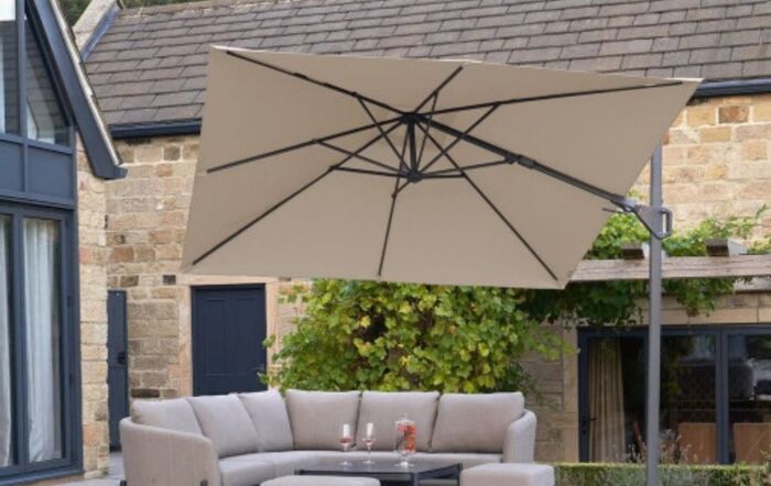 Platinum Voyager T2 2.7m Square Champagne Free Arm Parasol & 90kg Wheeled Granite Base