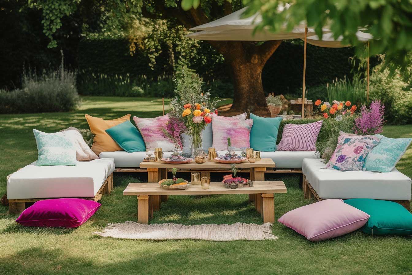 Comfy Garden Sofa With Brightly Coloured Accessories and Parasol