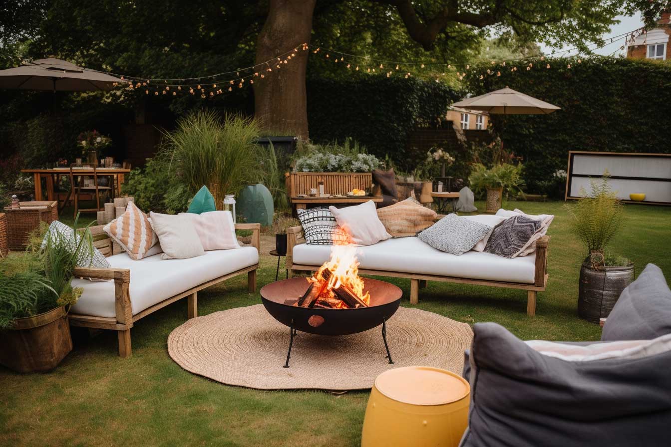Rustic Garden Sofas With Fire Pit and Festoon Lights