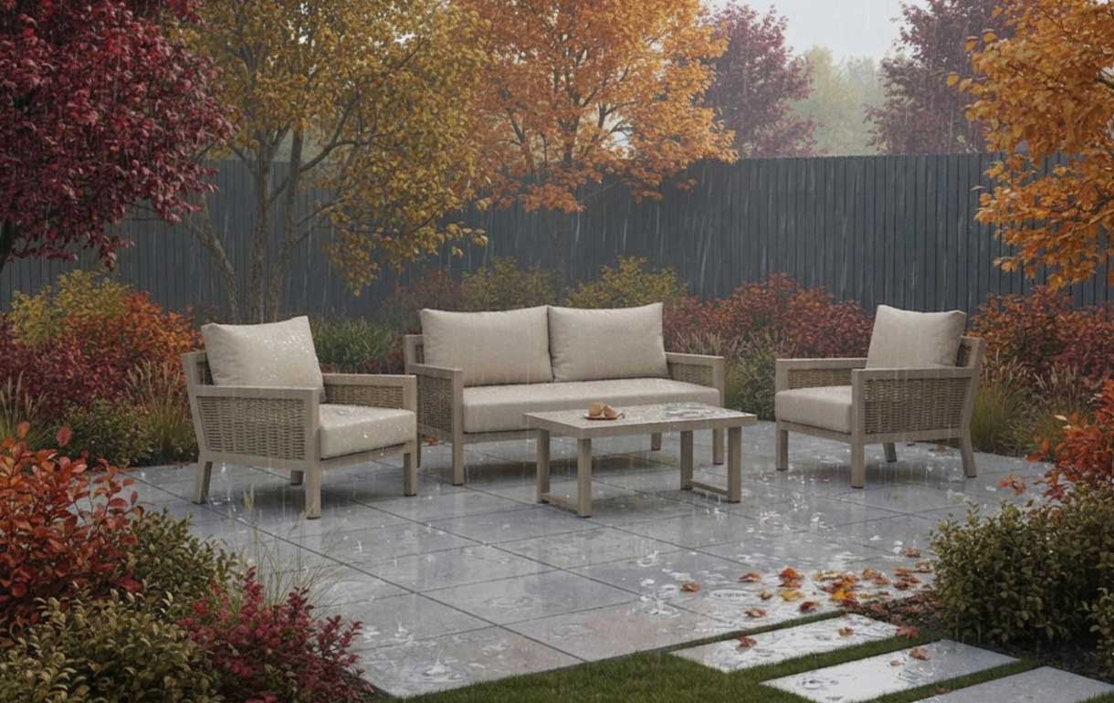 Garden sofa set and cushions during rain