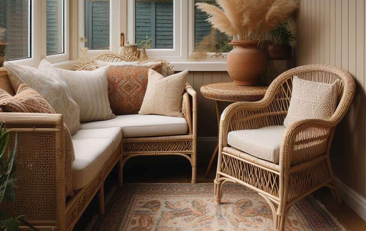 cane conservatory sofa & armchair with terracotta cushions