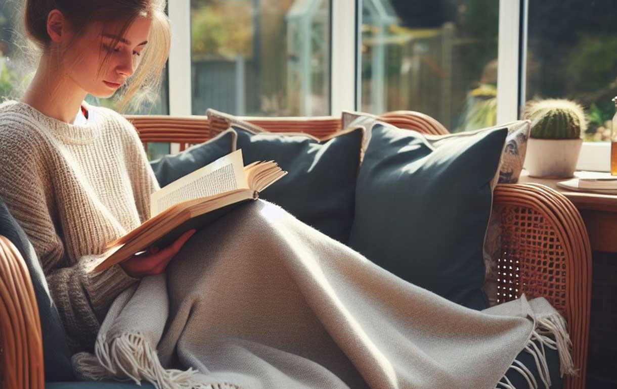 Person reading a book on a cane sofa