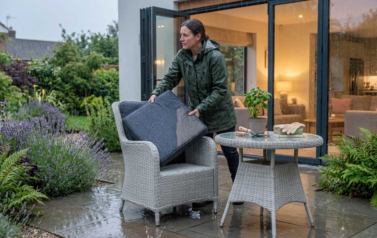 Bringing cushions indoor during rainfall