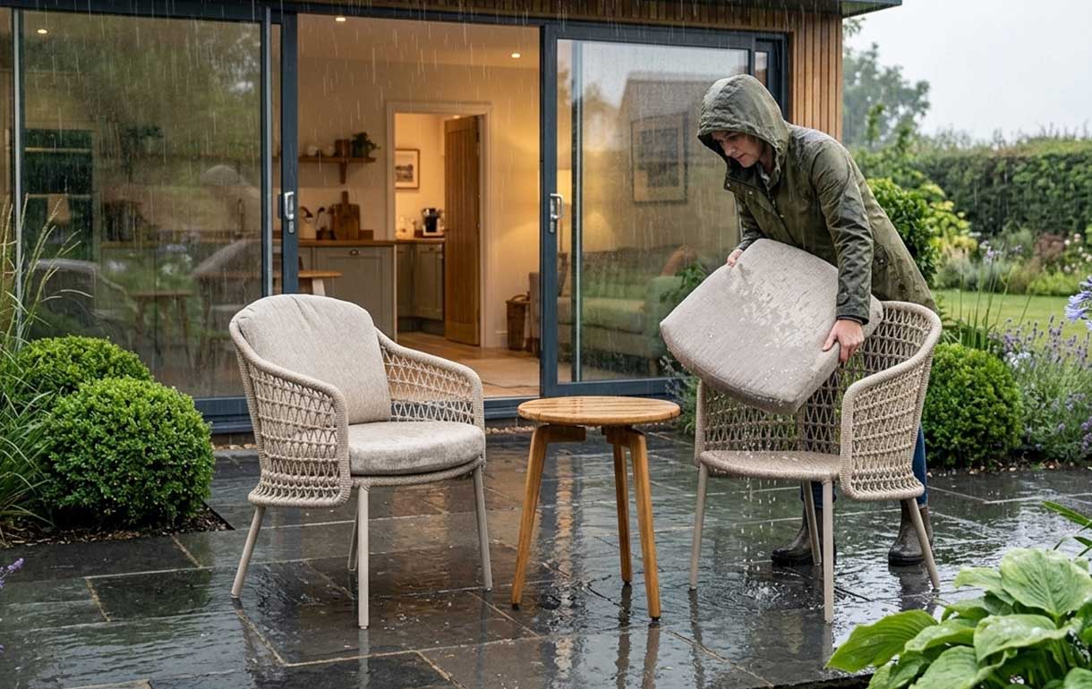 Removing garden cushions during rain showers