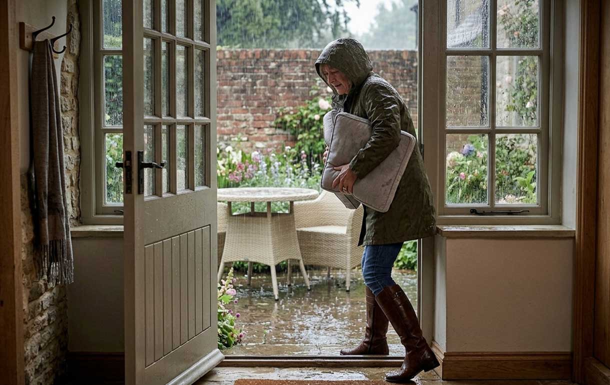A woman bringing garden cushions indoors during rainfall