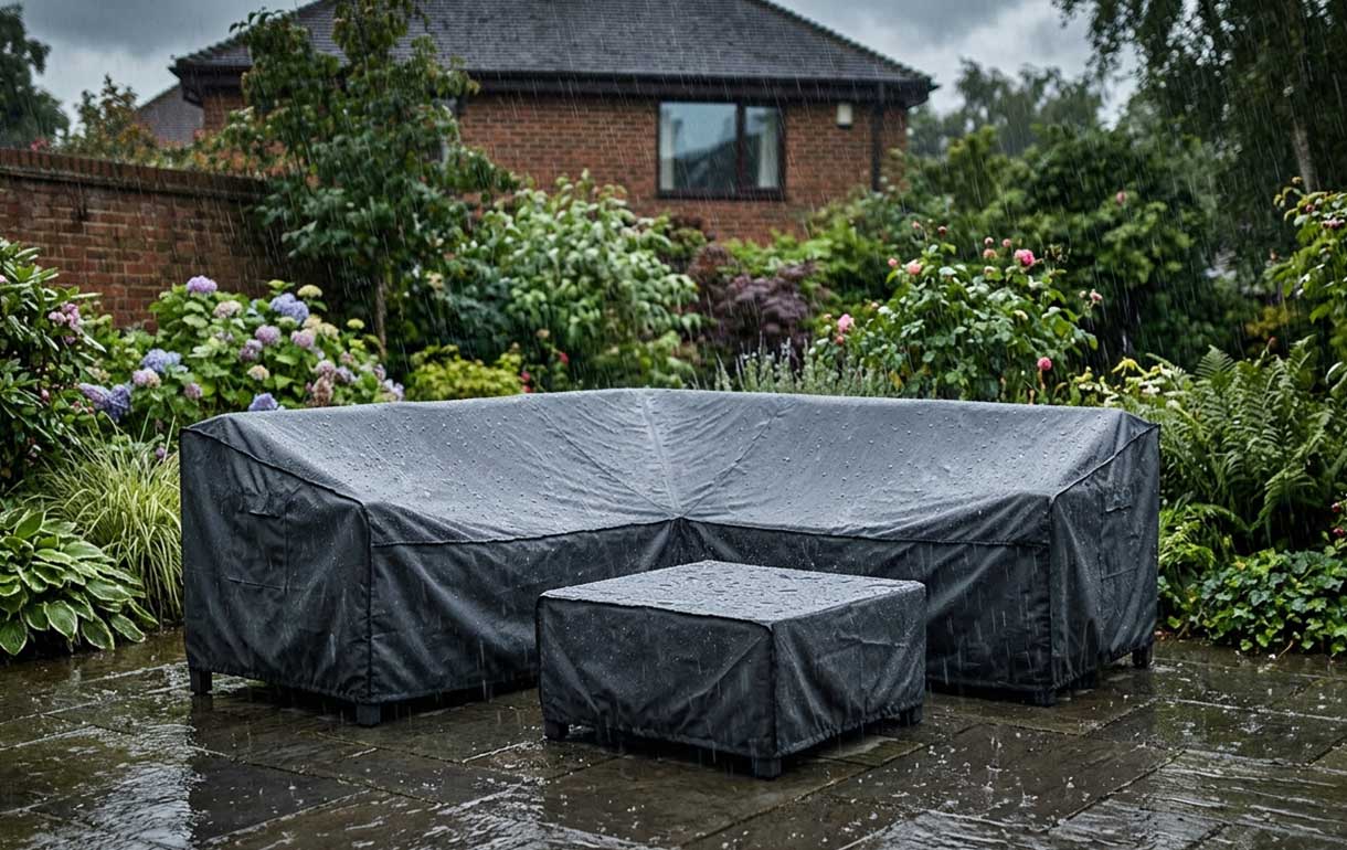 Garden furniture set with a protective cover on in the rain