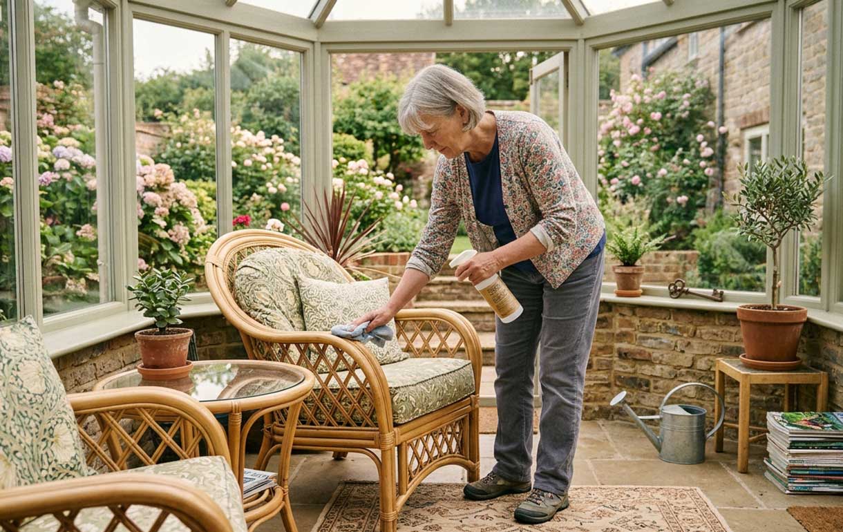 An elderly woman wiping down a natural cane armchair in a cosy glass conservatory with a few potted plants