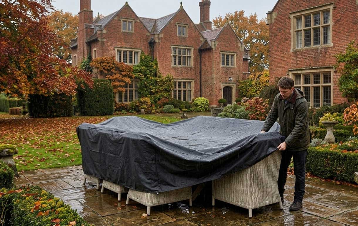 A man putting a protective cover on a rectangle garden dining set