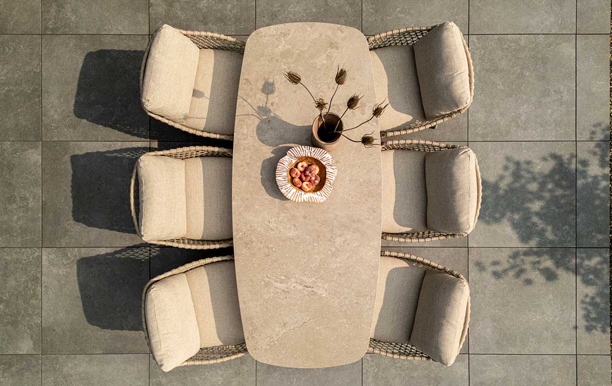 Six seat rectangular garden dining set with ceramic table