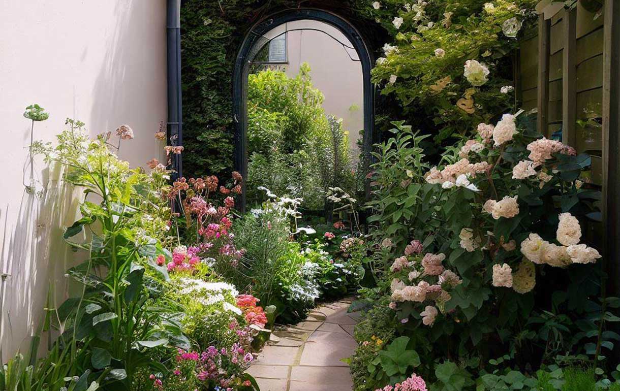 Small garden with an arched mirror to add depth