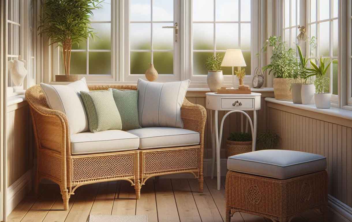 arranging a small conservatory with sofa, footstool and side table