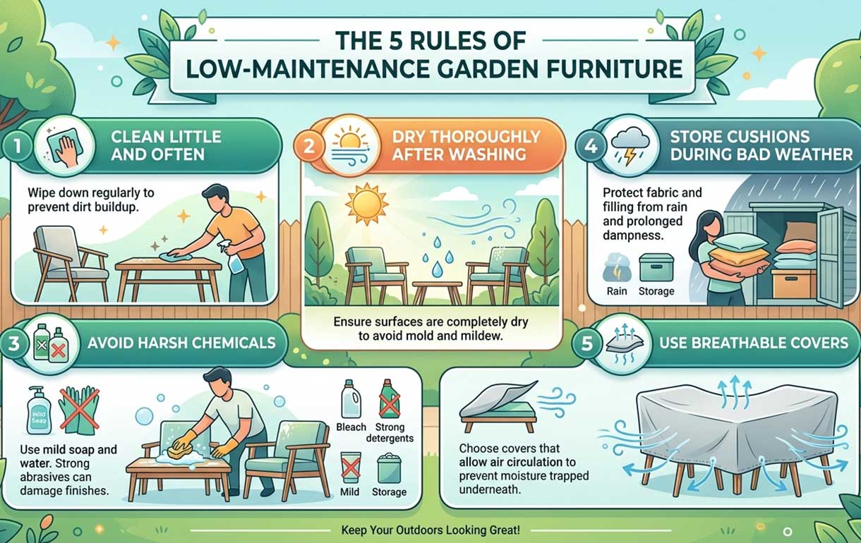 A infographic showing the five rules for low maintenance garden furniture