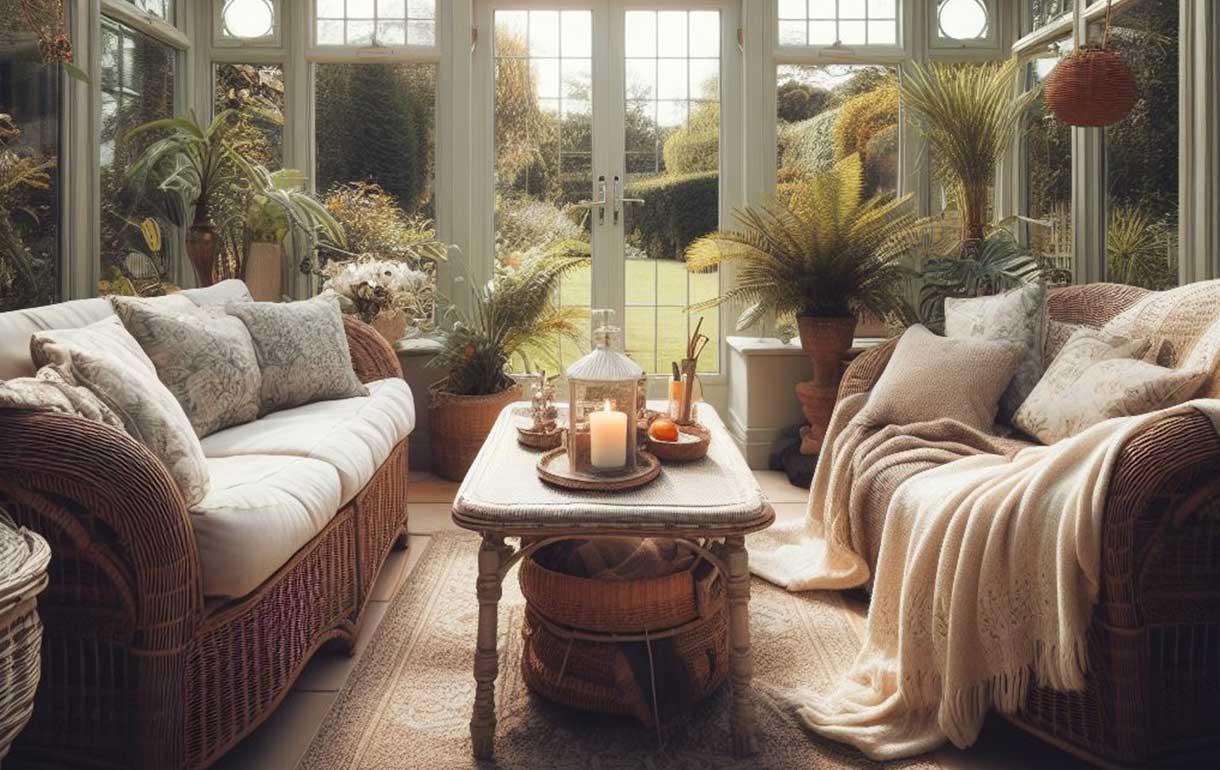 Wicker two seat sofas in a conservatory