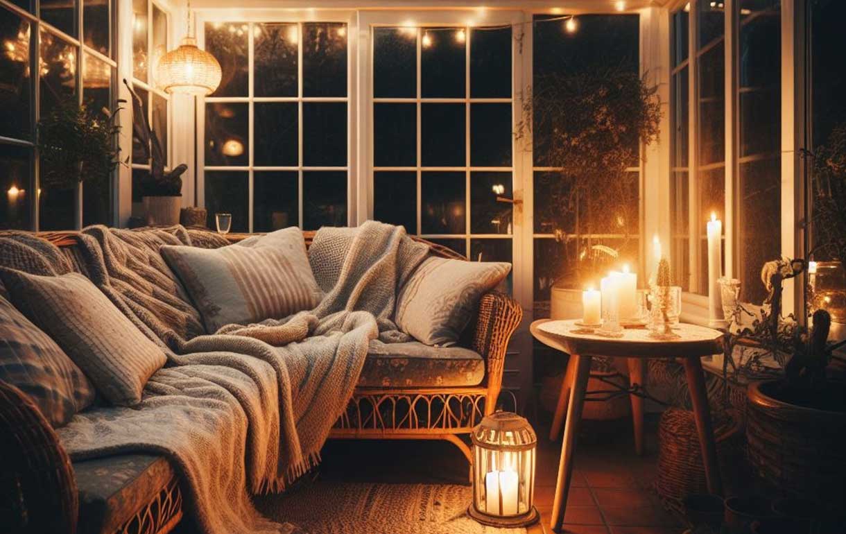 Conservatory furniture with fairy lights and candles