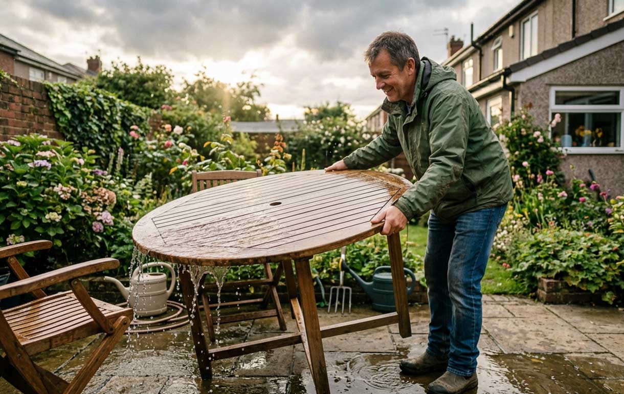 A man lifting his garden table to remove standing water
