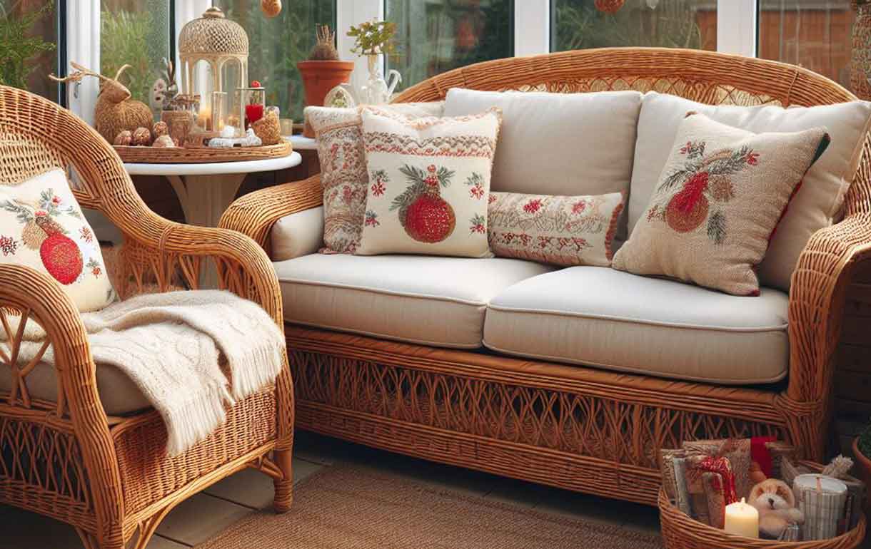 Conservatory Furniture Decorated with Seasonal Christmas Cushions