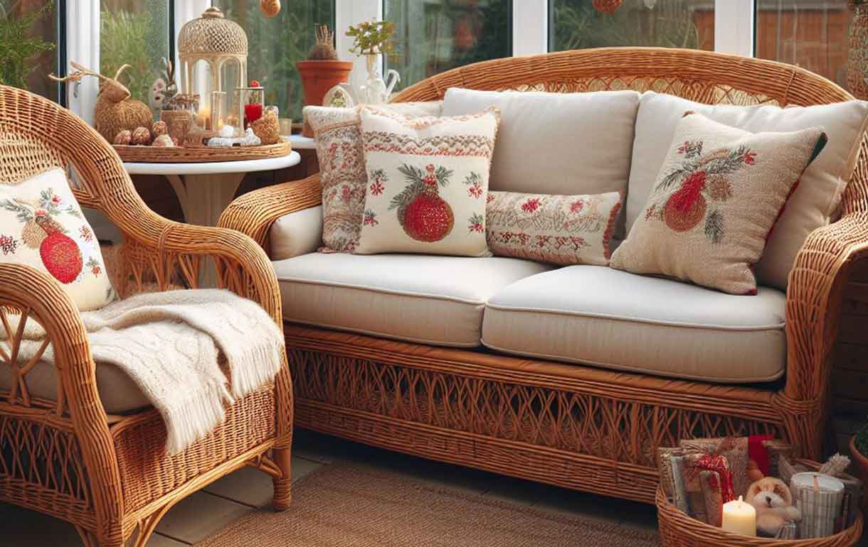 conservatory furniture decorated with seasonal christmas cushions