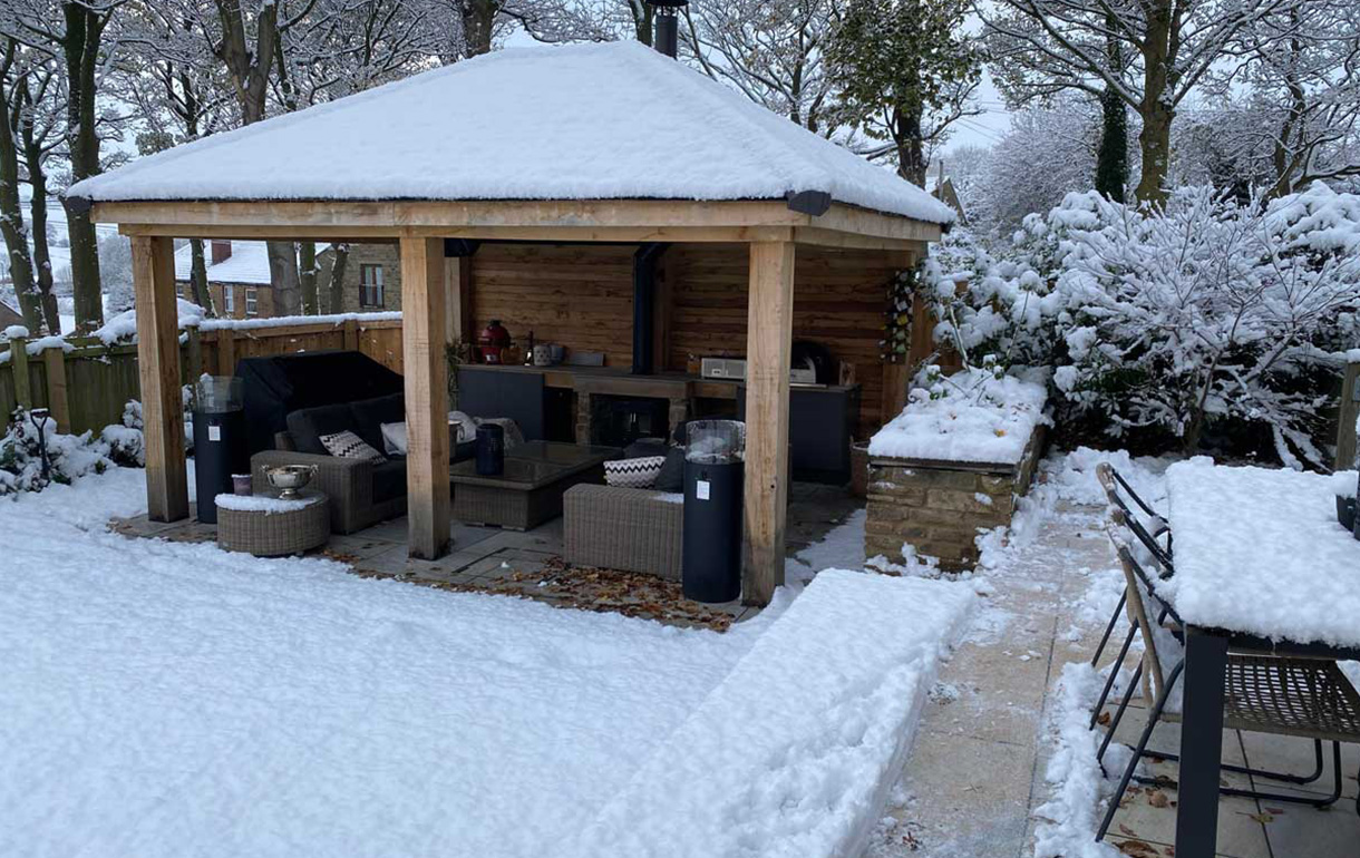 Garden gazebo and furniture in the snow