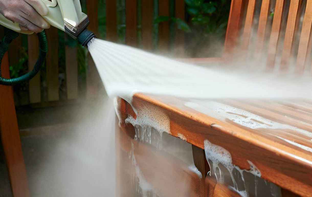 Cleaning wooden garden furniture with a jet wash