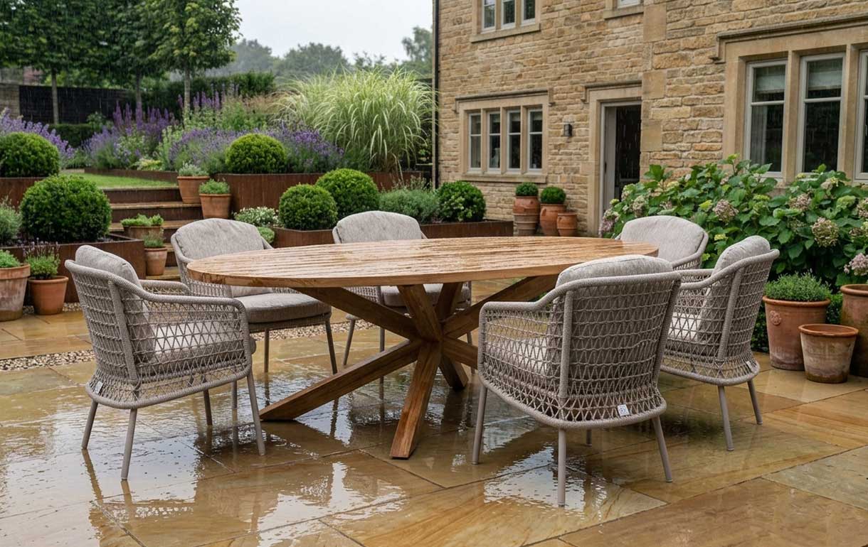 Wooden garden furniture in the rain